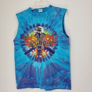 Sun Dog Blue Tie Dyed Sturgis '04 Cut Out Sleeve tee, Size M